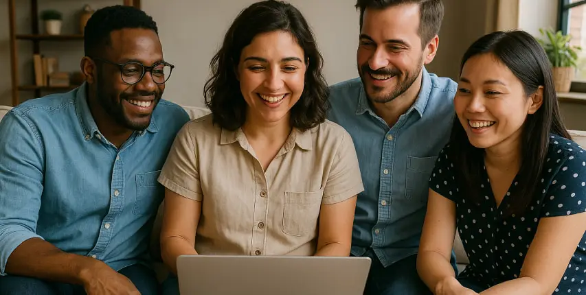 A group gathered around a laptop