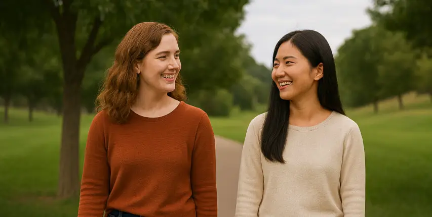 Two friends on a walk talking