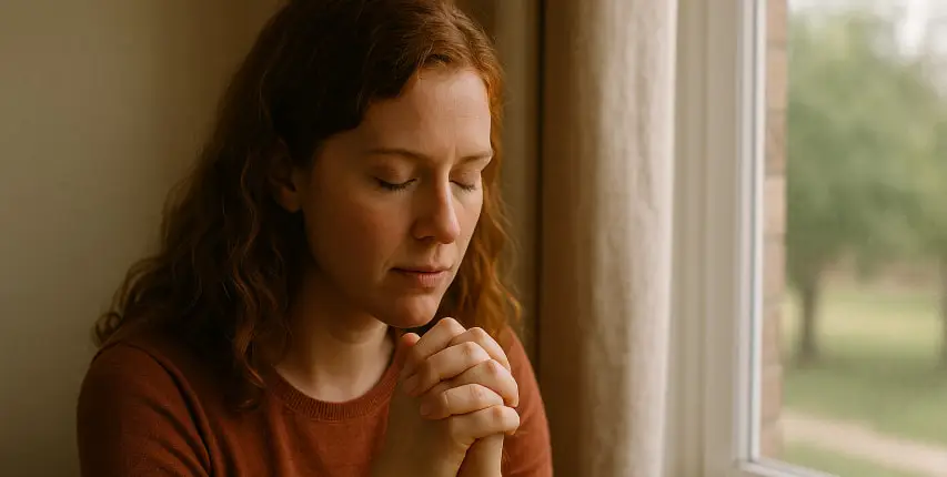 A lady in front of a window praying